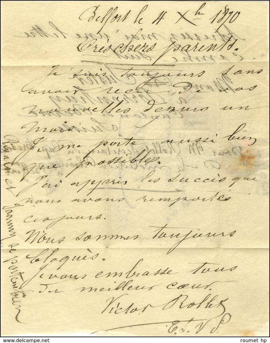 Lettre Avec Texte Daté De Belfort Le 4 Décembre 1870 Adressée à Lyon, Au Recto Griffe Rouge P.P., Au Verso Càd D'arrivée - War 1870