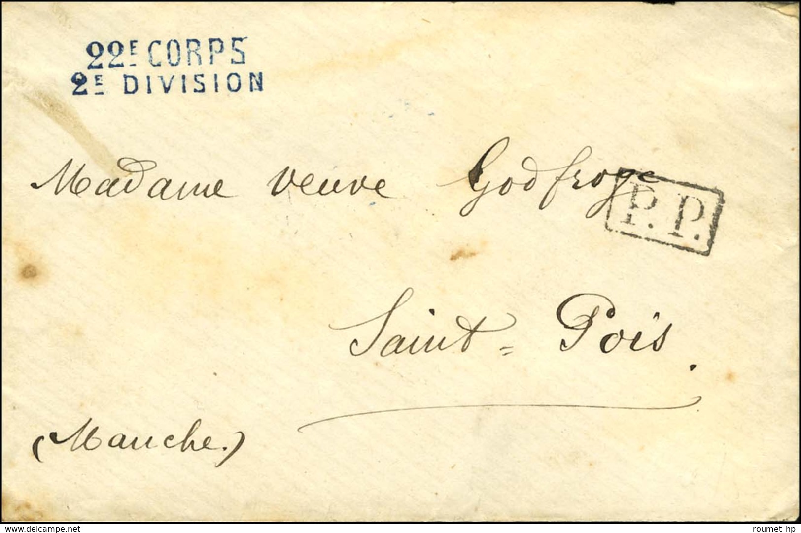 Griffe Linéaire Bleue 22e CORPS / 2e DIVISION + P.P. Sur Lettre Pour Saint Pois (Manche). Au Verso, Ambulant PARIS A GRA - War 1870