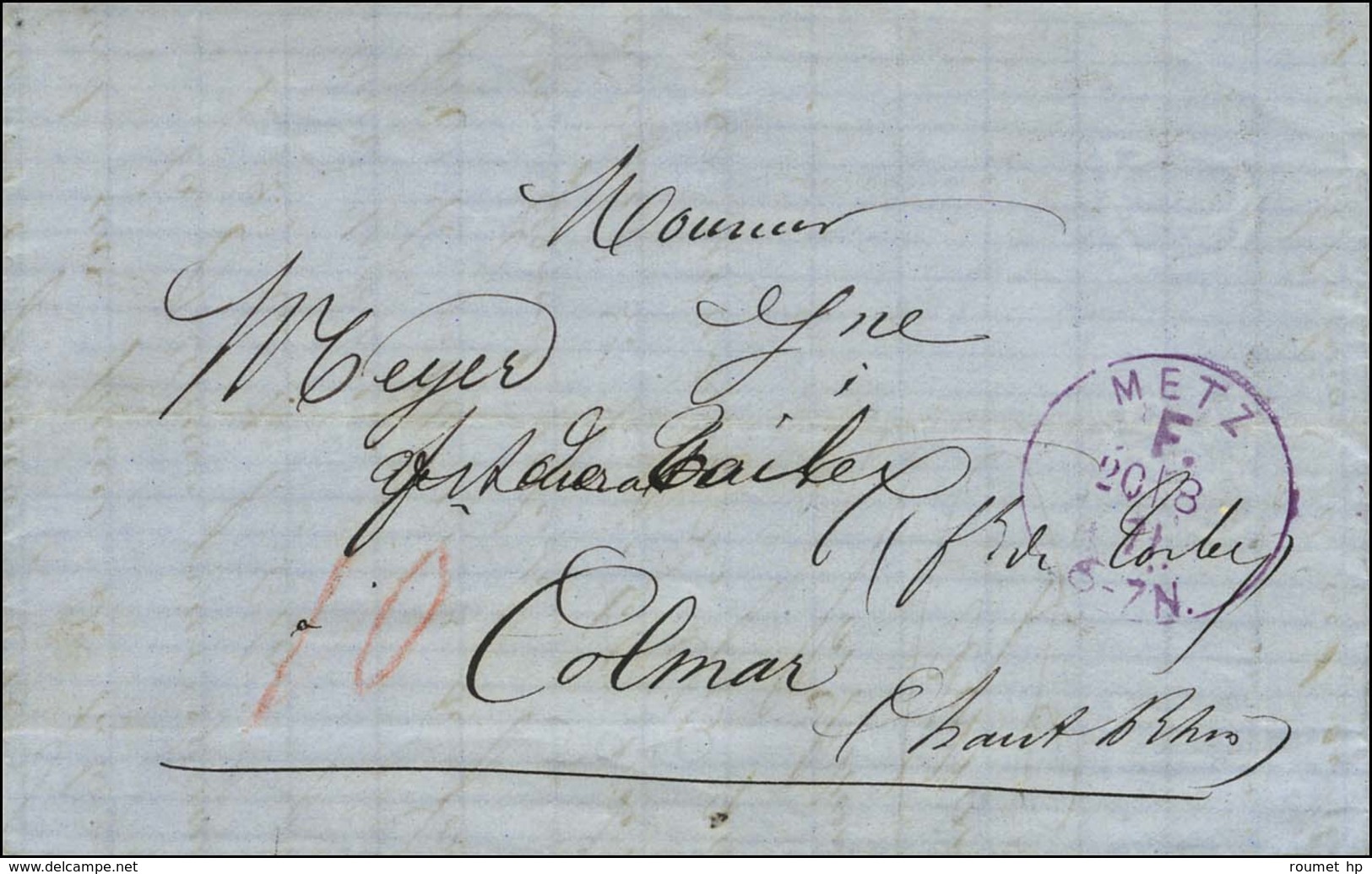 Càd Violet METZ / F Sur Lettre Pour Colmar, Taxe 10 Au Crayon Rouge. 1871. - TB / SUP. - Covers & Documents