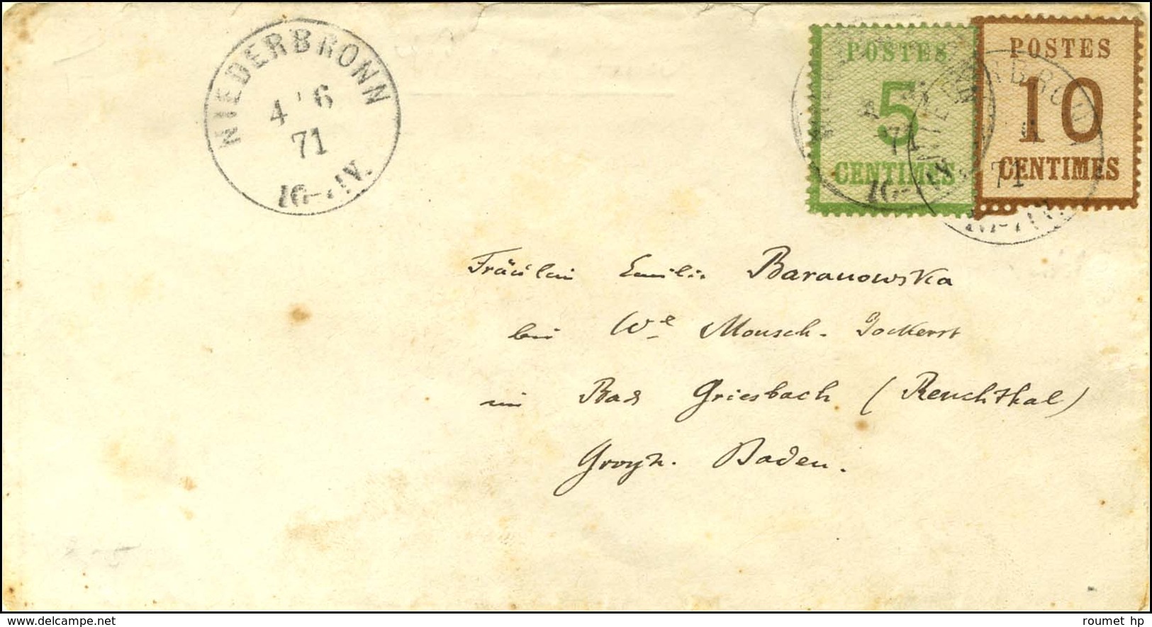 Càd NIEDERBRONN / Alsace N° 4 + 5 Burelage Renversé Sur Lettre Pour Bade. 1871. - TB. - Lettres & Documents