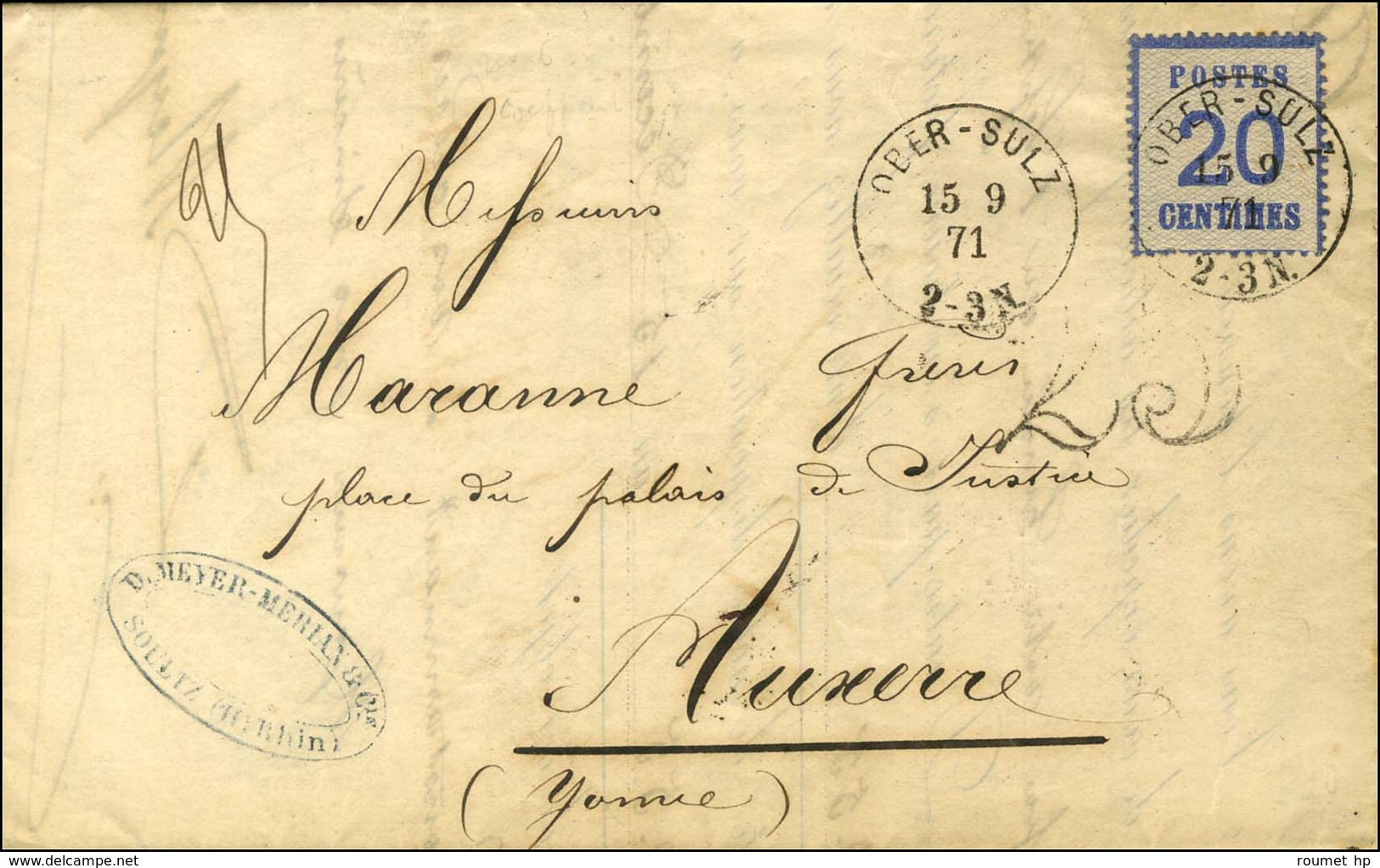 Càd OBER-SULZ / Alsace N° 6 Sur Lettre Pour Auxerre, Taxe 25 DT (type 31). 1871. - TB. - Covers & Documents