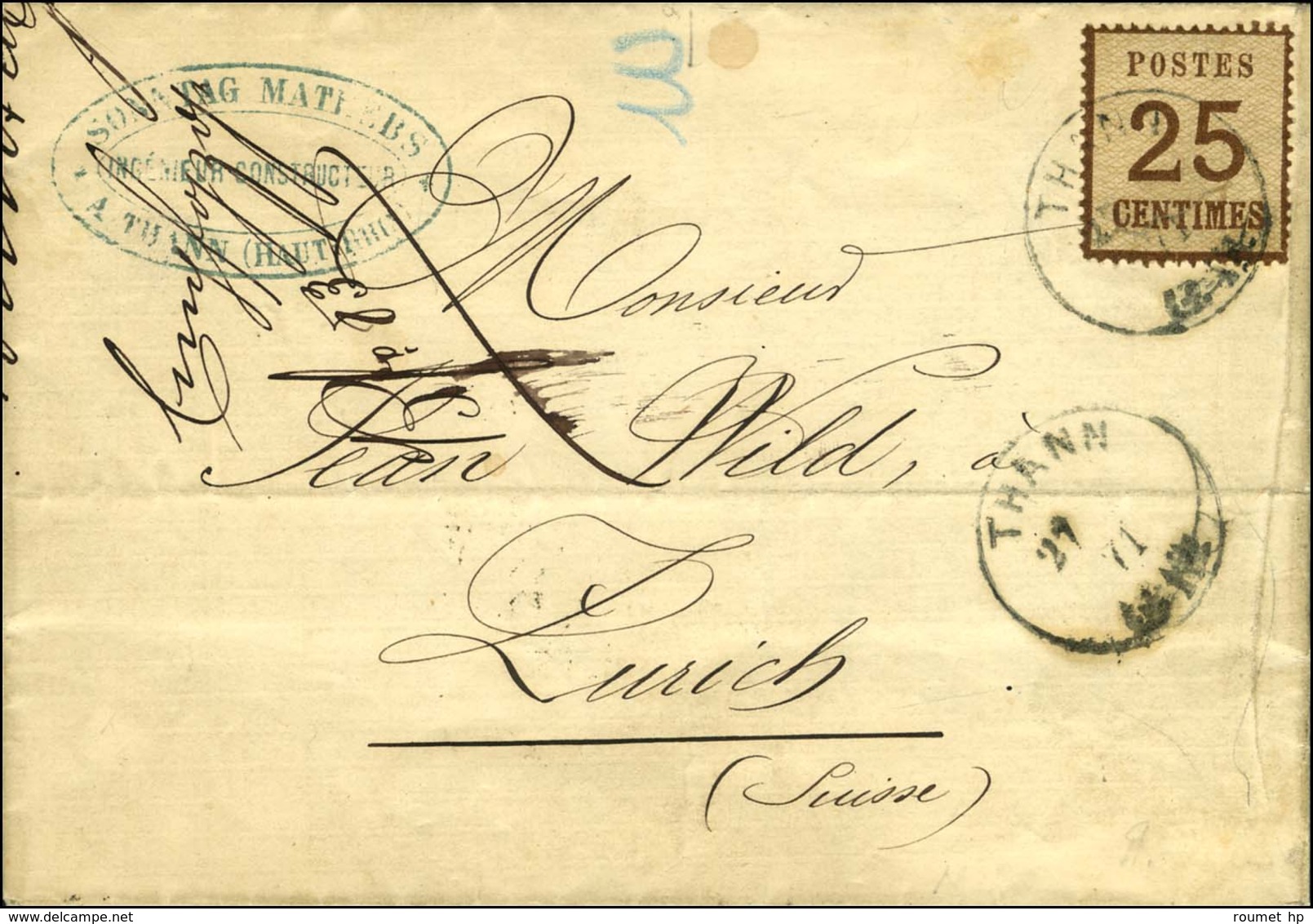 Càd THANN / Alsace N° 7 Sur Lettre Pour Zurich. 1871. - TB. - R. - Covers & Documents