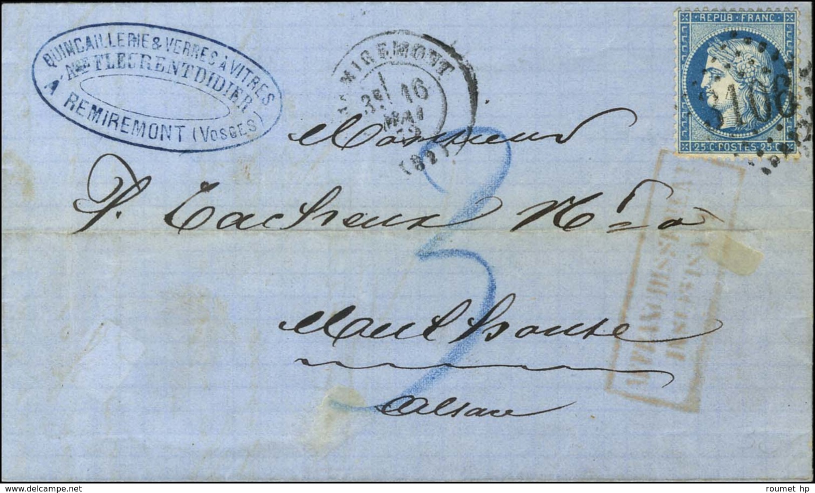 GC 3106 / N° 60 Càd T 17 REMIREMONT (82) Sur Lettre Insuffisamment Affranchie Pour Mulhouse, Taxe 3 Au Crayon Bleu. 1872 - Covers & Documents