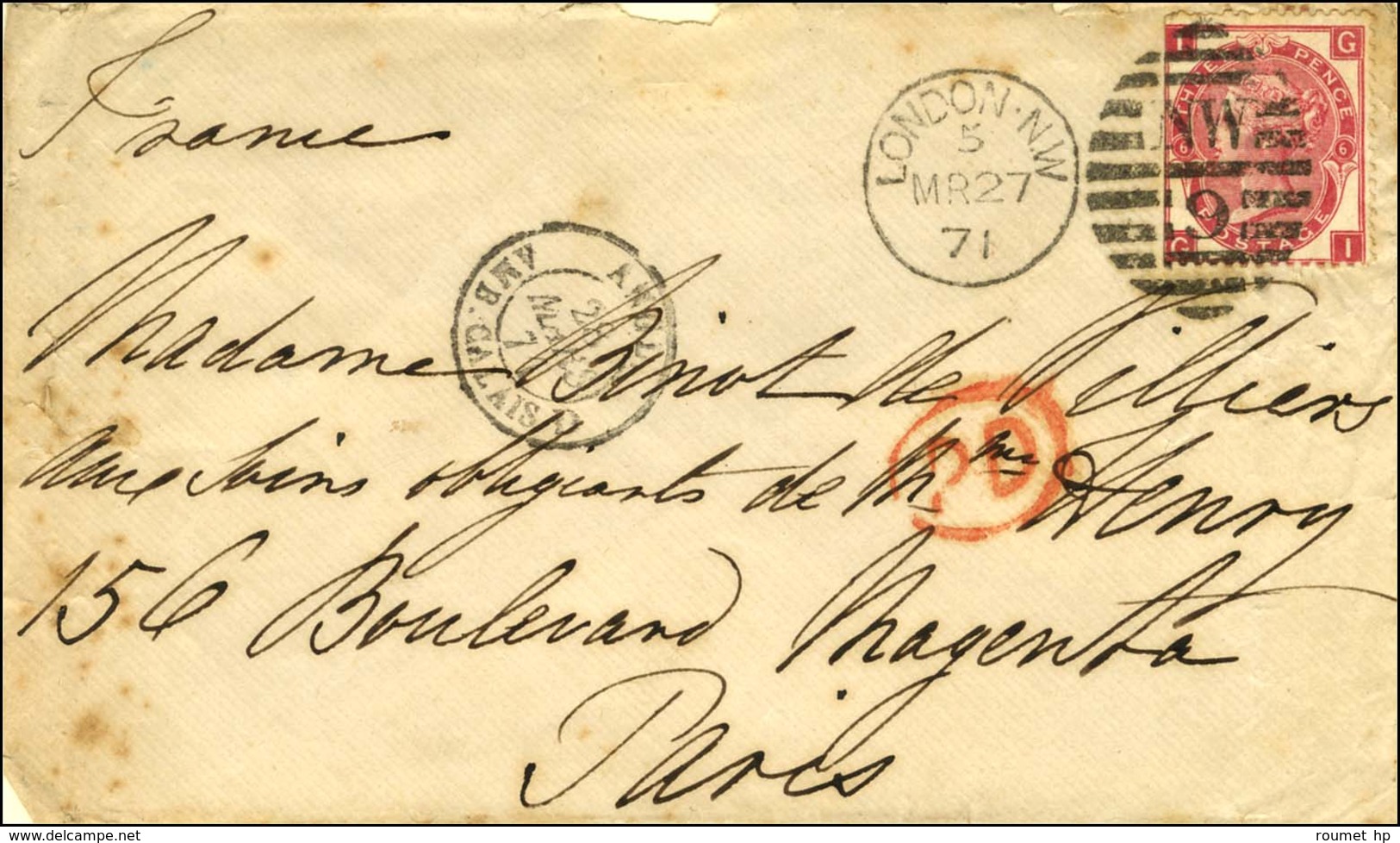 KILLER NW / 9 / Angl. 3 Pences Rose Càd LONDON NW 27 MARS 71 Sur Lettre Adressée à Paris Sans Càd D'arrivée. - TB. - Guerre De 1870