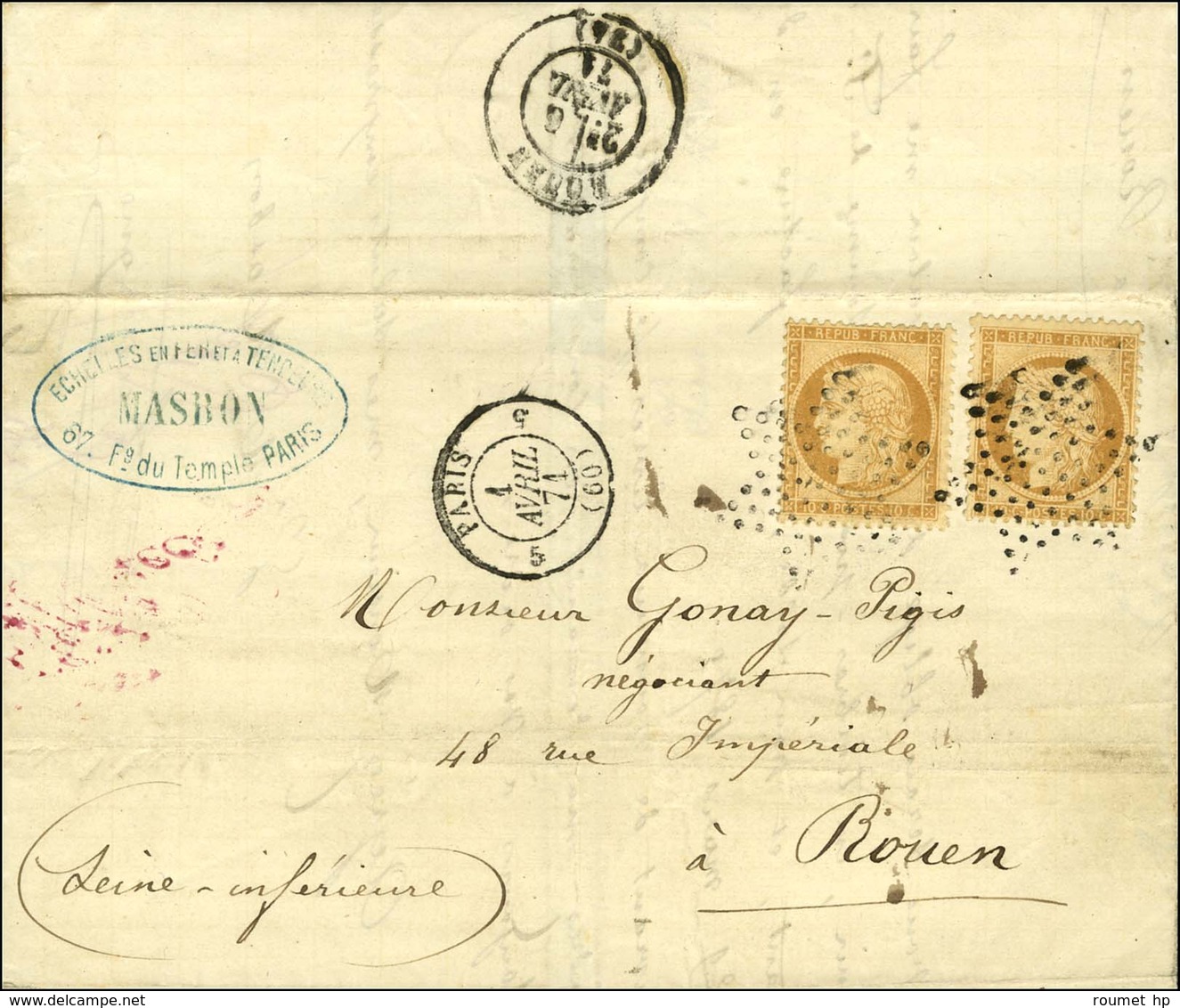 Etoile / N° 36 (2) Càd De Rayon 5 PARIS 5 (60) 1 AVRIL 1871 Sur Lettre Pour Rouen. Au Verso, Càd D'arrivée 6 AVRIL 1871. - Guerre De 1870