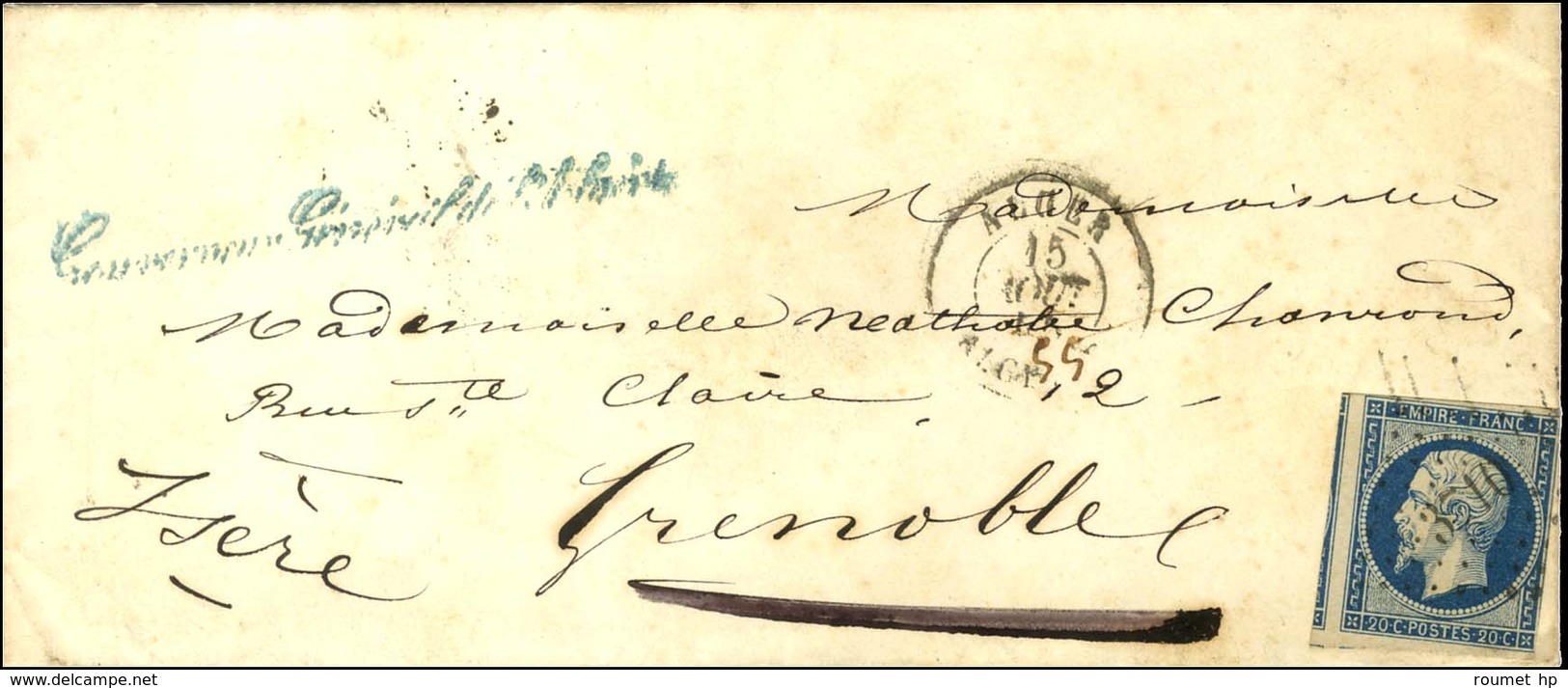 PC 3710 / N° 14 (def) Càd ALGER / ALGERIE Sur Lettre Avec Au Recto Griffe Bleue Gouverneur Général De L'Algérie. 1855. - - Autres & Non Classés