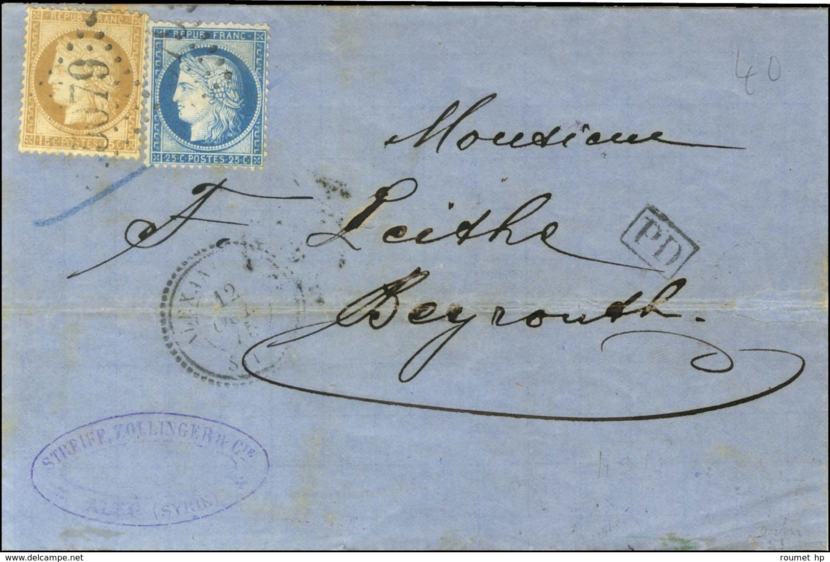 GC 5079 / N° 55 + 60 Càd T 22 ALEXANDRETTE / SYRIE Sur Lettre D'Alep Acheminée Jusqu'à Alexandrette Pour Beyrouth. 1875. - Maritime Post