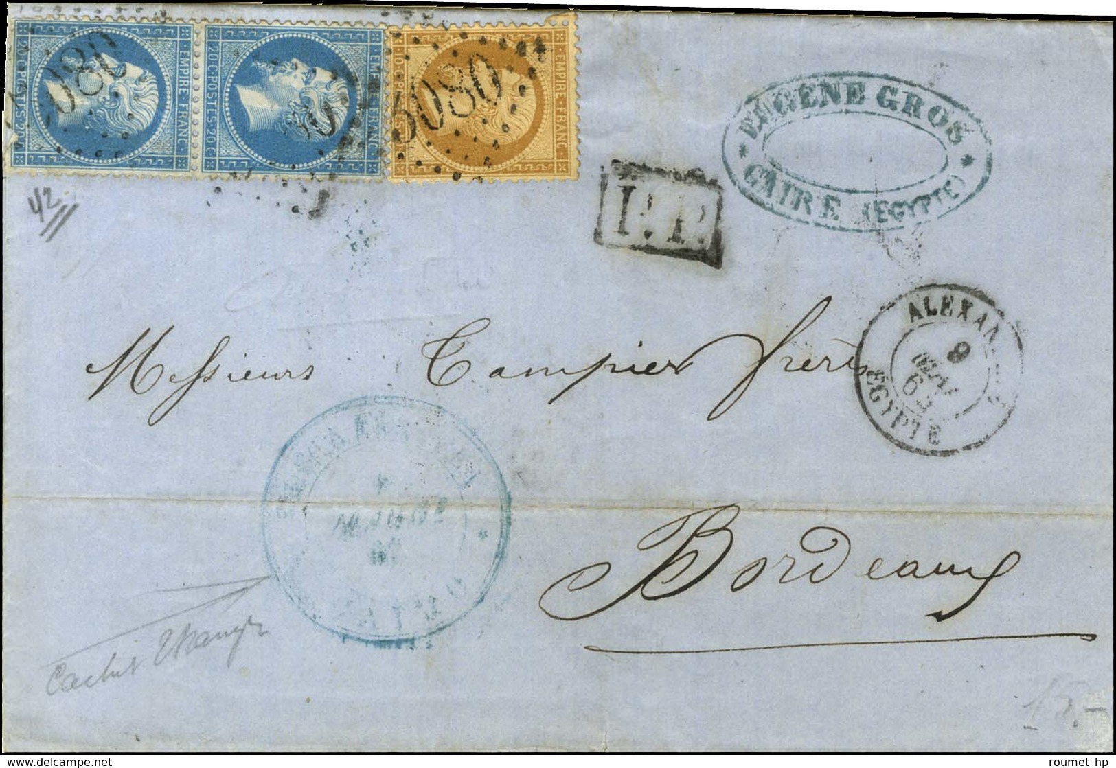 GC 5080 / N° 21 + 22 Paire Càd T 15 ALEXANDRIE / EGYPTE 9 MAI 64 Sur Lettre Avec Texte Daté Du Caire Le 8 Mai 1864. Au R - Maritime Post