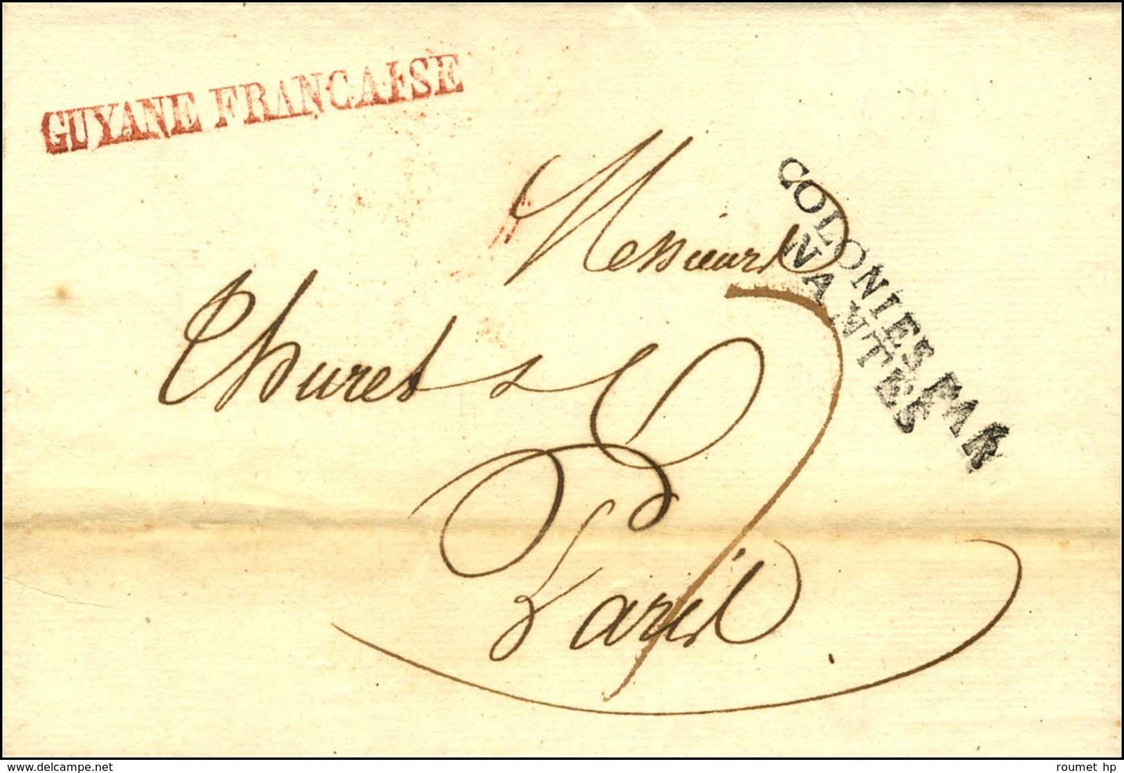 Lettre Avec Texte Daté De Cayenne Le 1er Janvier 1826 Pour Paris. Au Recto, Griffe Rouge GUYANE FRANCAISE Et MP D'entrée - Poste Maritime