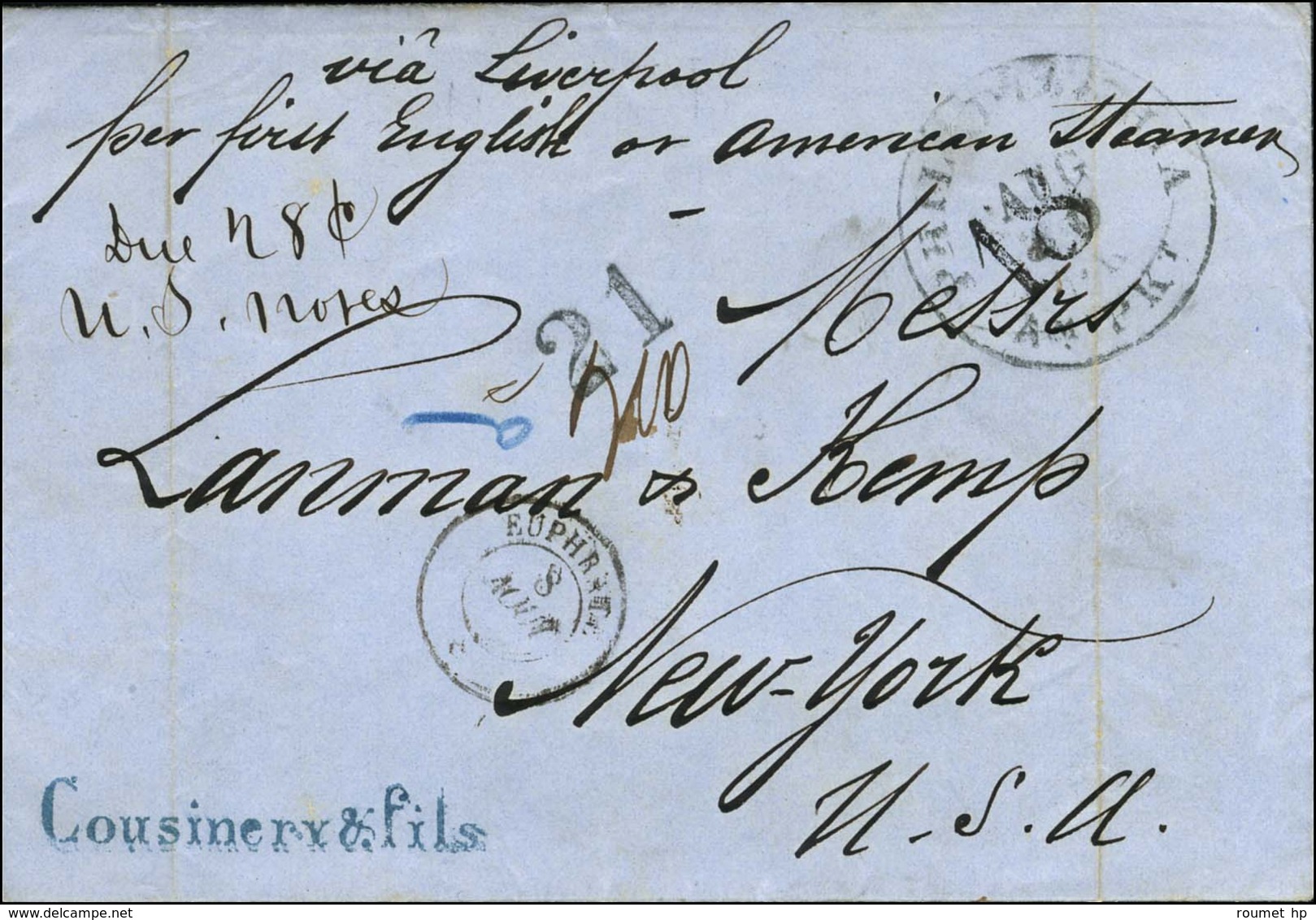 Càd EUPHRATE / * Sur Lettre Non Affranchie Adressée De Smyrne à New York, Au Recto Taxe Tampon 21 Et Càd D'arrivée. 1865 - Maritime Post