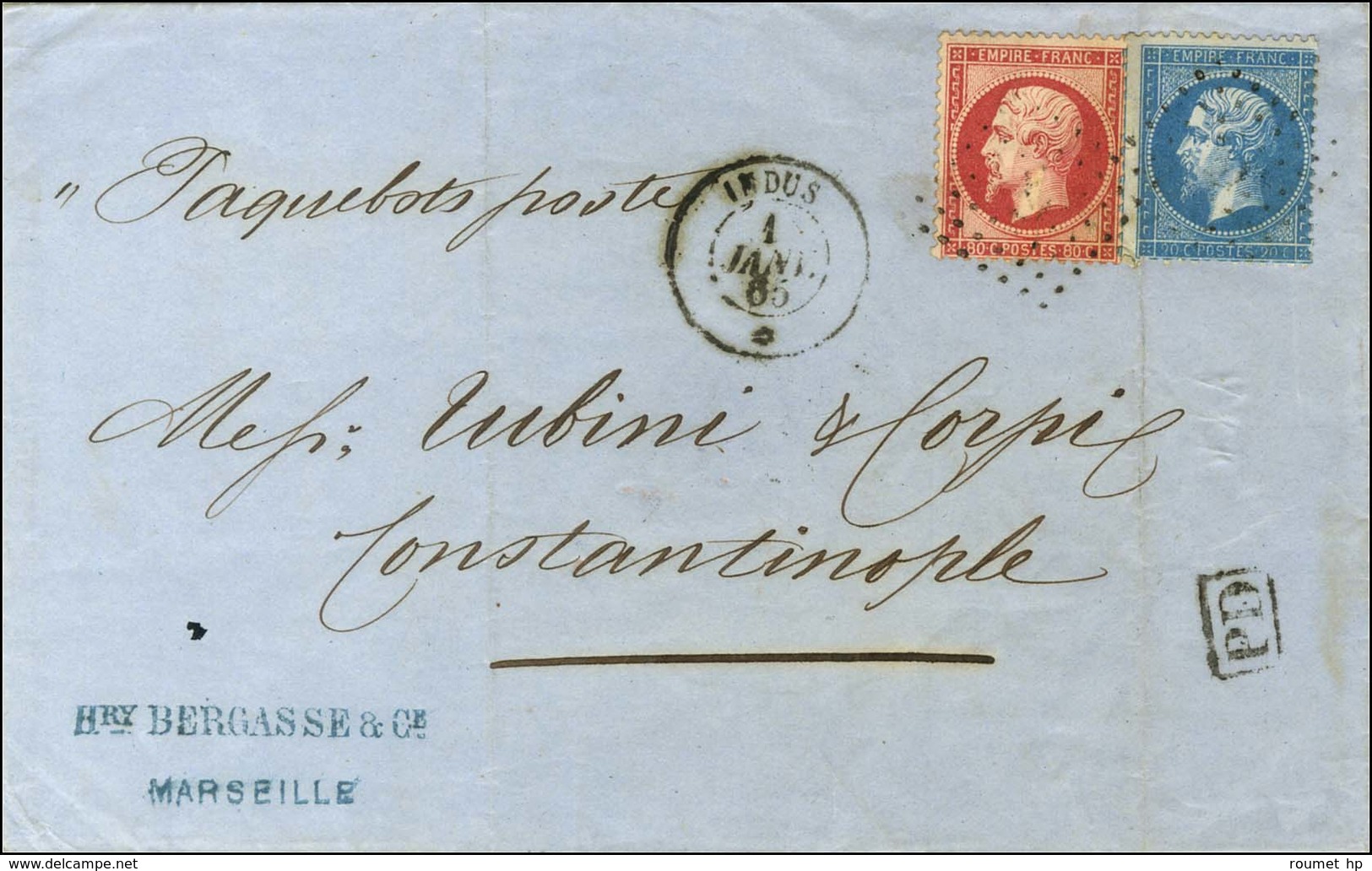 Ancre / N° 22 + 24 Càd INDUS / * 1 JANV. 65 Sur Lettre 2 Ports De Marseille Pour Constantinople. - TB. - Maritime Post