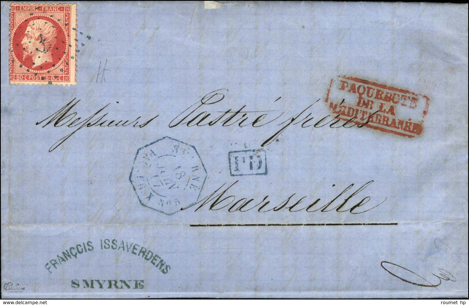 Ancre Bleue / N° 24 Càd Octo Bleu SMYRNE / PAQ. FR X N° 5 Sur Lettre De Smyrne Pour Marseille. 1867. - TB / SUP. - R. - Maritieme Post