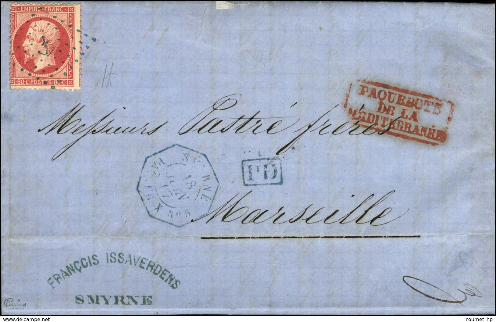 Ancre Bleue / N° 24 Càd Octo Bleu SMYRNE / PAQ. FR X N° 5 Sur Lettre De Smyrne Pour Marseille. 1867. - TB / SUP. - R. - Maritime Post