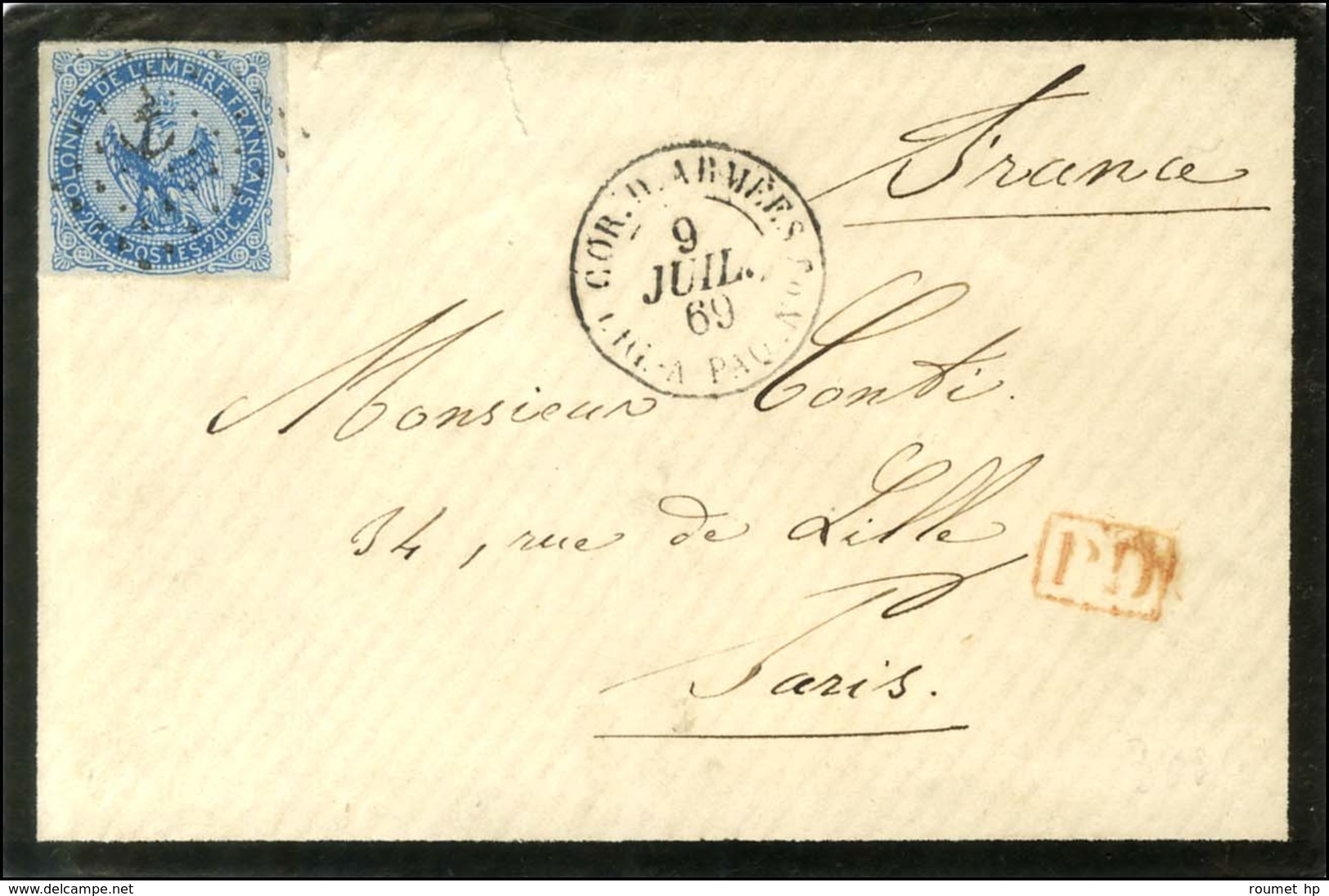 Ancre / Col. Gen. N° 4 Càd COR. D. ARMEES / LIGUE A PAQ. N° 3 9 JUIL. 69 Sur Lettre Au Tarif De Militaire Pour Paris. Au - Poste Maritime