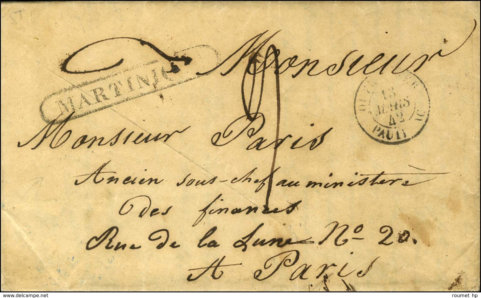 Lettre Avec Texte Daté '' St Pierre Le 1 Février 1842 '' Pour Paris, Au Recto MP Encadrée MARTINIQUE (Jamet N° 14) Et En - Maritime Post