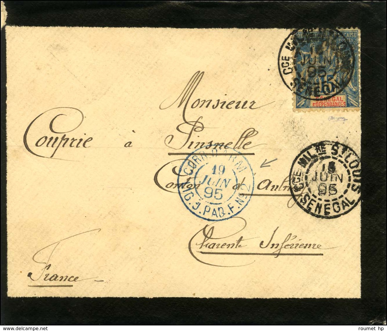 Càd Cce MILre ST LOUIS / SENEGAL / Sénégal N° 13 Sur Lettre Pour La France. Au Recto, Cachet Bleu CORR. D'ARM. / LIGUE.J - Maritime Post