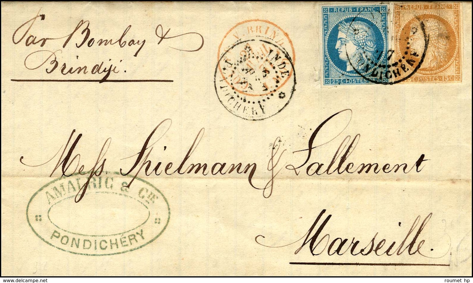 Càd * INDE * / PONDICHÉRY / CG N° 19 (pd) + 23 Sur Lettre Avec Texte Pour Marseille. 1877. - TB. - R. - Maritieme Post