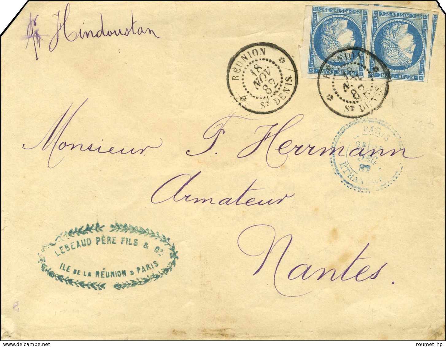 Càd REUNION / ST DENIS / Col. Gen. N° 23 Belles Marges Sur Lettre 2 Ports Pour Nantes Au Tarif UPU. 1882. - TB / SUP. -  - Poste Maritime