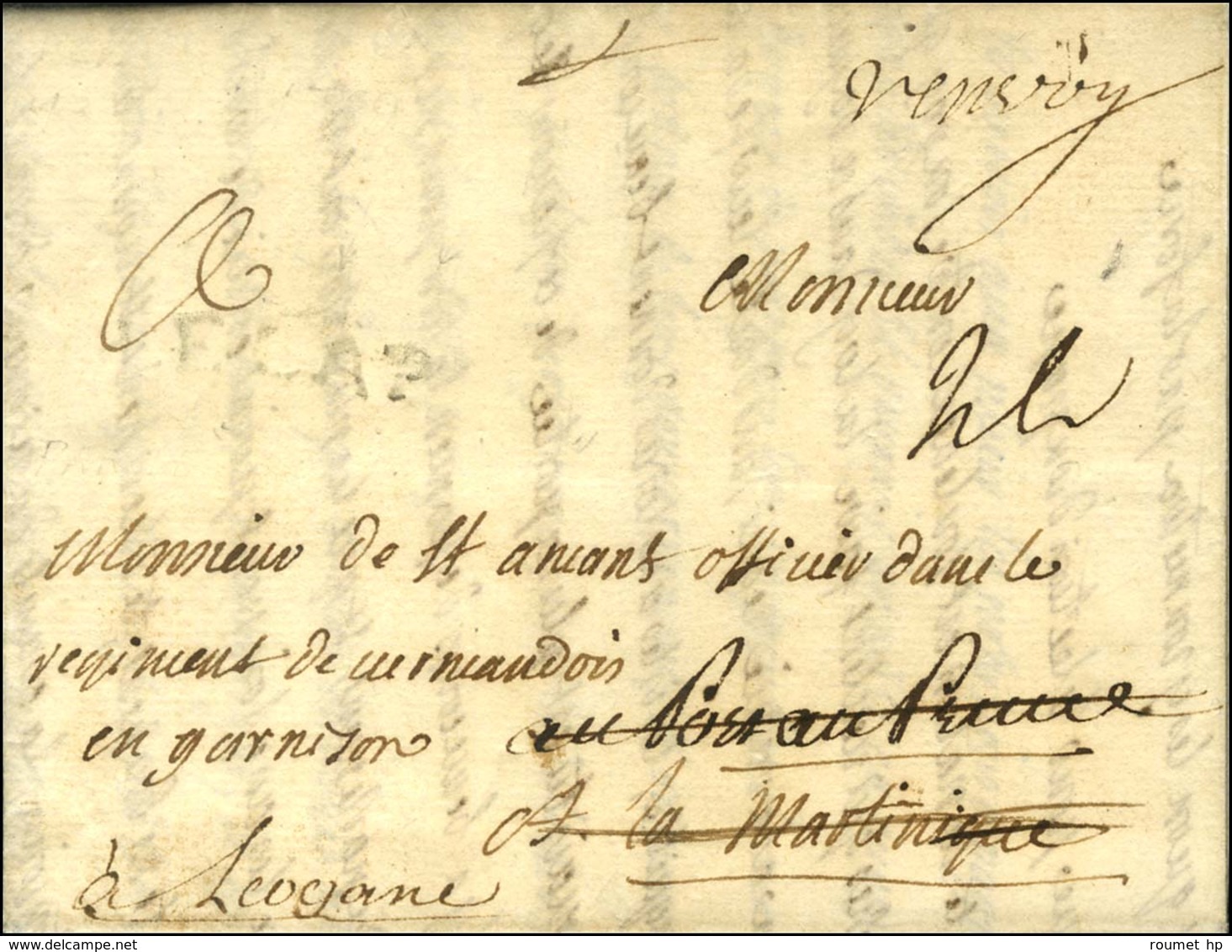 Lettre Avec Texte Daté De Rochefort Le 12 Mai 1769 Pour Un Militaire En Garnison à La Martinique Réexpédiée à Port Au Pr - Maritieme Post