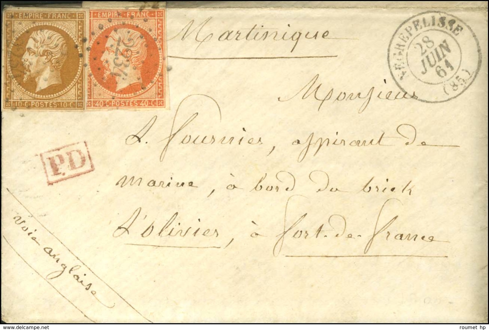 PC 2234 / N° 13 + 16 Càd T 15 NEGREPELISSE (85) Sur Lettre Adressée à Bord Du Brick L'Olivier à Fort De France. 1861. -  - Maritieme Post