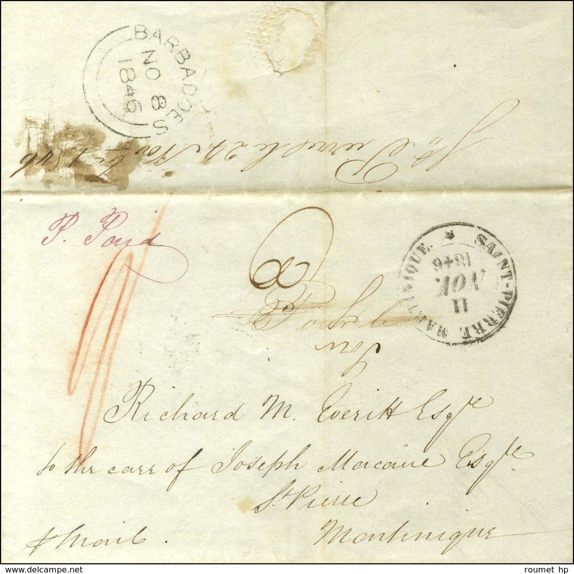 Lettre Avec Texte Daté De La Barbade Le 7 Novembre 1846 Pour St Pierre De La Martinique. Au Verso, Càd BARBADOES Et Au R - Maritime Post