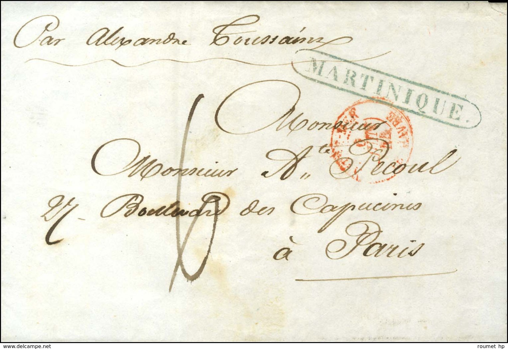 Lettre Avec Texte Daté De St Pierre De La Martinique Le 16 Avril 1844 Pour Paris. Au Recto, Griffe Bleue Encadrée MARTIN - Maritieme Post