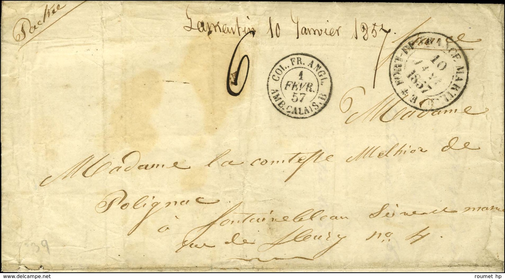 Lettre Avec Texte Daté De Petit Morne Le 1er Janvier 1857 Pour Fontainebleau. Au Recto, Marque Postale Manuscrite '' Lam - Maritieme Post