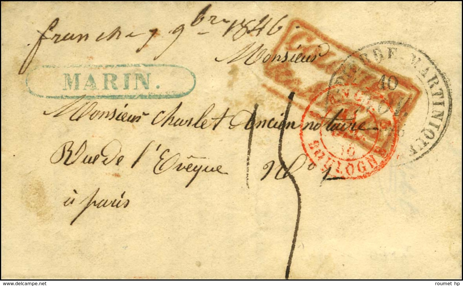 Lettre Avec Texte Daté De Marin Ile Martinique Le 7 Novembre 1846 Pour Paris. Au Recto, Très Rare Marque Encadrée Bleue  - Maritime Post