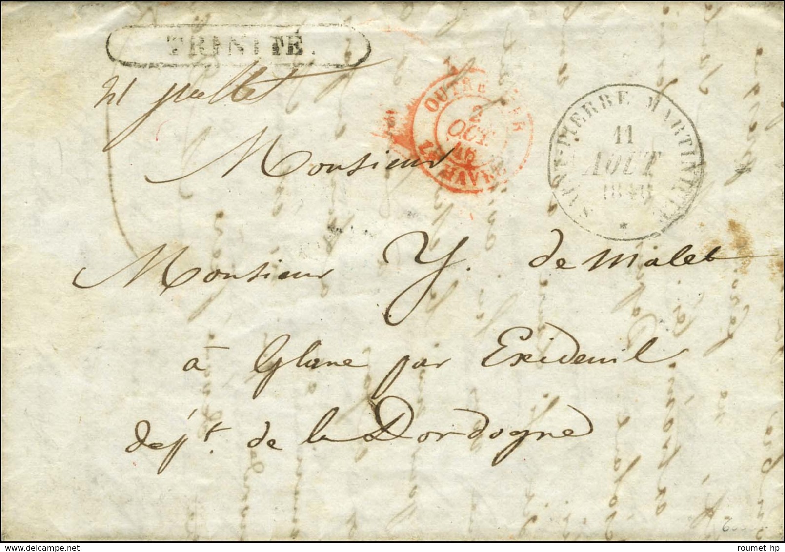 Lettre Avec Long Texte Daté De Trinité Le 20 Juillet 1846 Pour Exideuil Dordogne. Au Recto, Marque Encadrée TRINITE Répé - Maritieme Post