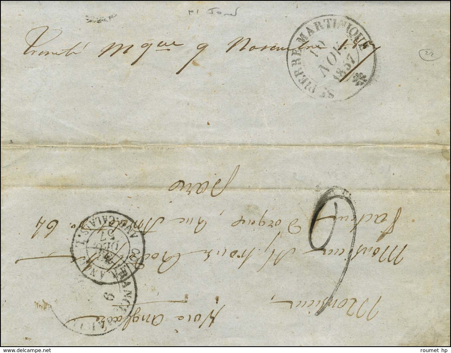 Lettre Avec Texte Daté à La Trinité Le 8 Novembre 1857 Pour Paris. Au Verso, Marque Manuscrite '' Trinité Mque 9 Novembr - Poste Maritime