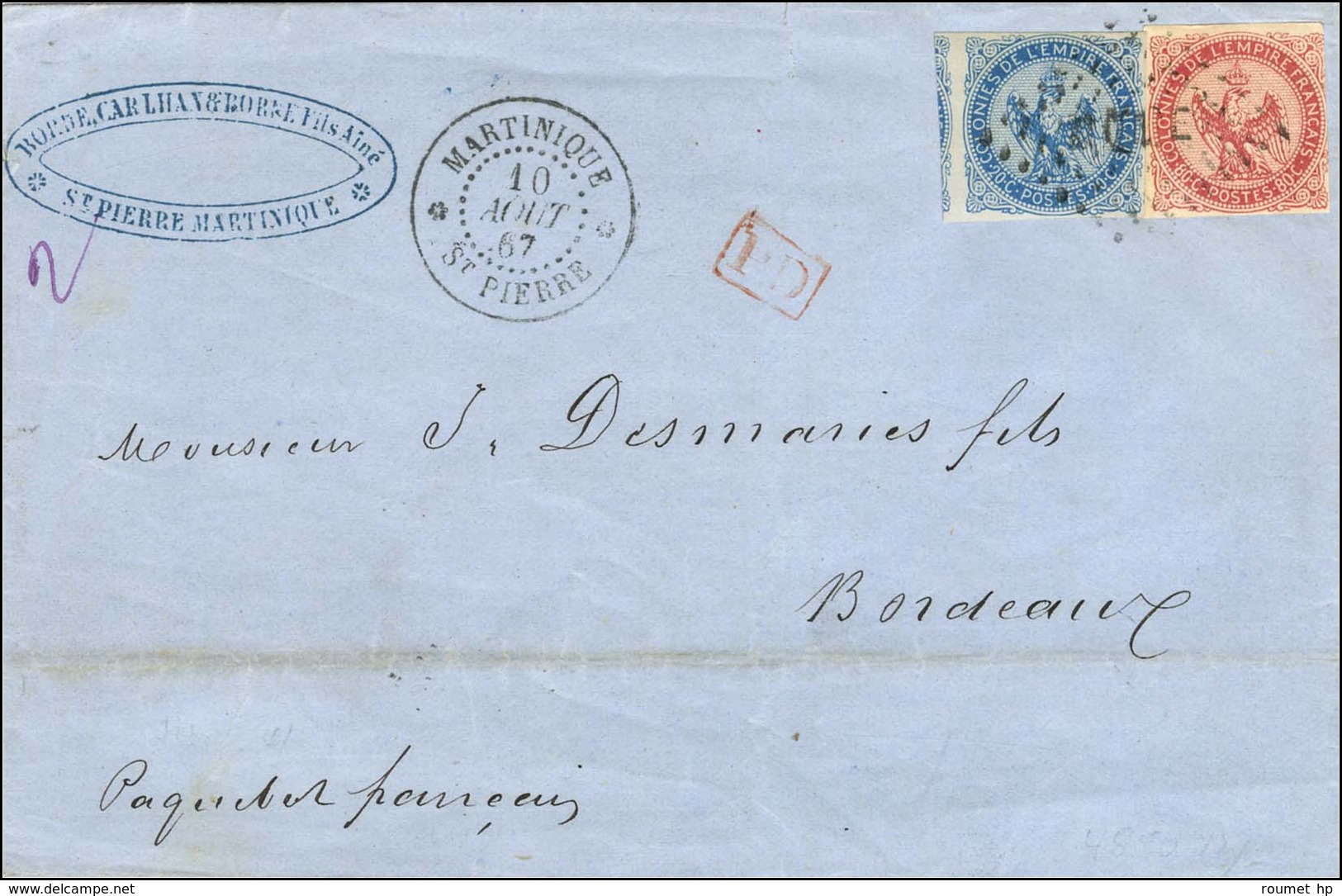 Losange MQE / Col. Gen. N° 4 + 6 Càd MARTINIQUE / ST PIERRE Sur Lettre 2 Ports Pour Bordeaux. 1867. - SUP. - R. - Poste Maritime