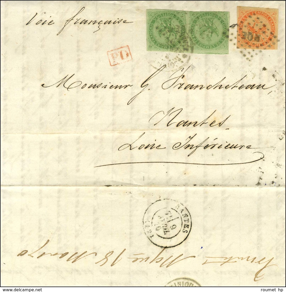Lettre Avec Texte Daté De Galion Le 17 Mars 1870 Pour Nantes. Au Recto, Losange MQE / Col. Gen. N° 2 Paire (1 Ex Pd) + 5 - Maritime Post
