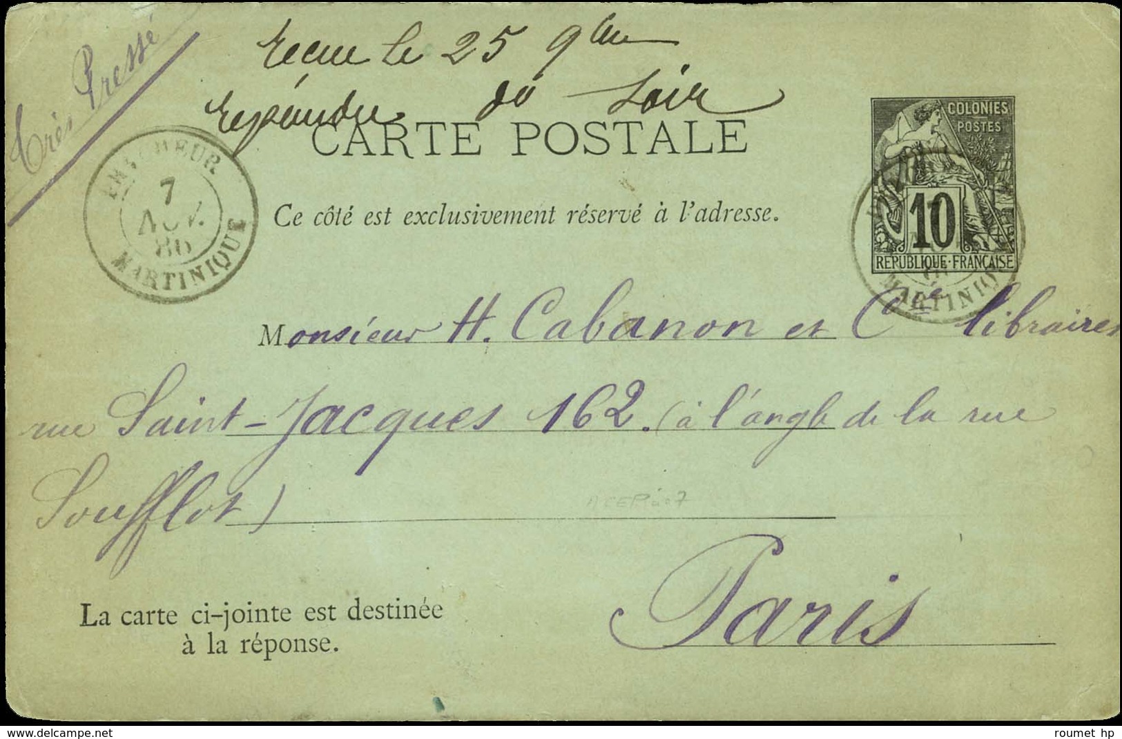 Càd PRECHEURS / MARTINIQUE Sur Entier 10c Alphée Dubois Pour Paris. 1886. - TB / SUP. - R. - Maritime Post