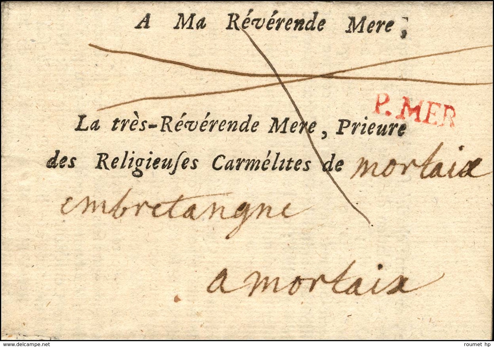 P. MER (rouge) (Pont Audemer) (L N° 2) Sur Lettre En Franchise Des Carmélites. 1752. - SUP. - R. - 1701-1800: Precursors XVIII