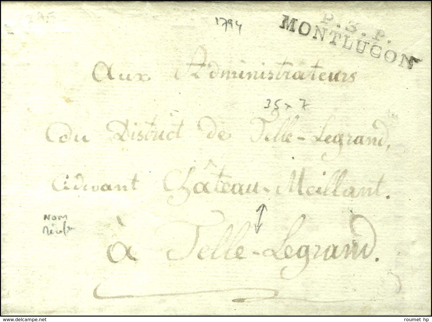 P.3.P. / MONTLUCON Sur Lettre Avec Texte Imprimé Daté An 3 Pour Telle Legrand (NR De Château Meillant). - TB / SUP. - 1801-1848: Precursors XIX