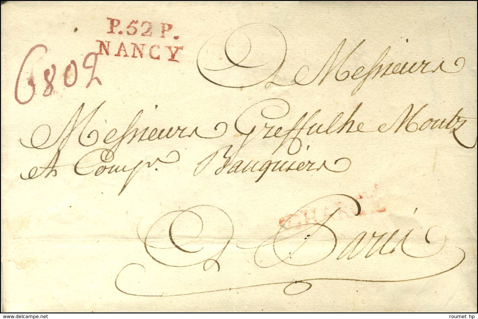 P.52.P. / NANCY Rouge Sur Lettre Chargée Avec Texte Daté Du 29 Août 1792 Pour Paris. Au Recto, Griffe Rouge CHARGE. - SU - 1801-1848: Voorlopers XIX