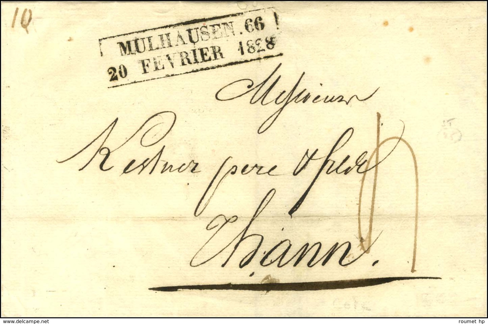 Cachet D'essai Encadré MULHAUSEN 66 / 20 FEVRIER 1828 Sur Lettre Pour Thann. - SUP. - RR. - 1801-1848: Voorlopers XIX