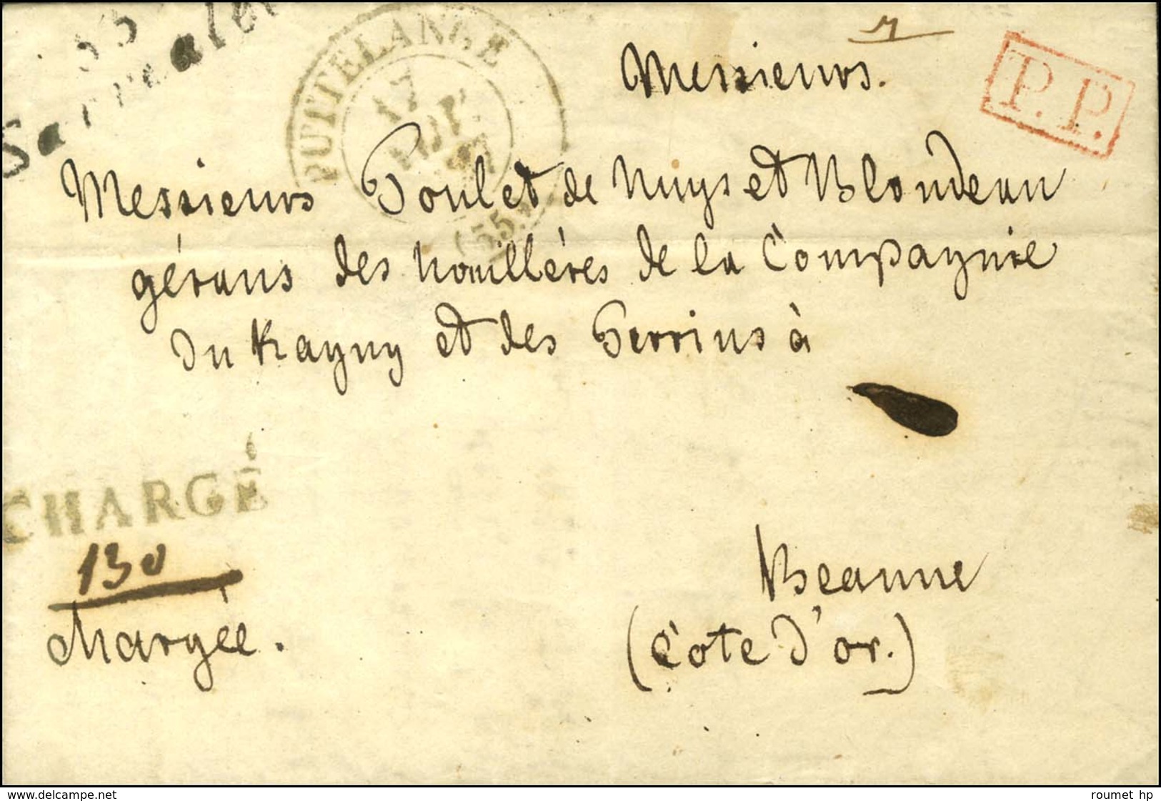 55 / Sarréalbe + P.P. Rouge + Griffe CHARGÉ Sur Lettre Pour Beaune. Au Recto, Càd T 12 D'arrivée. 1837. Exceptionnelle C - Other & Unclassified