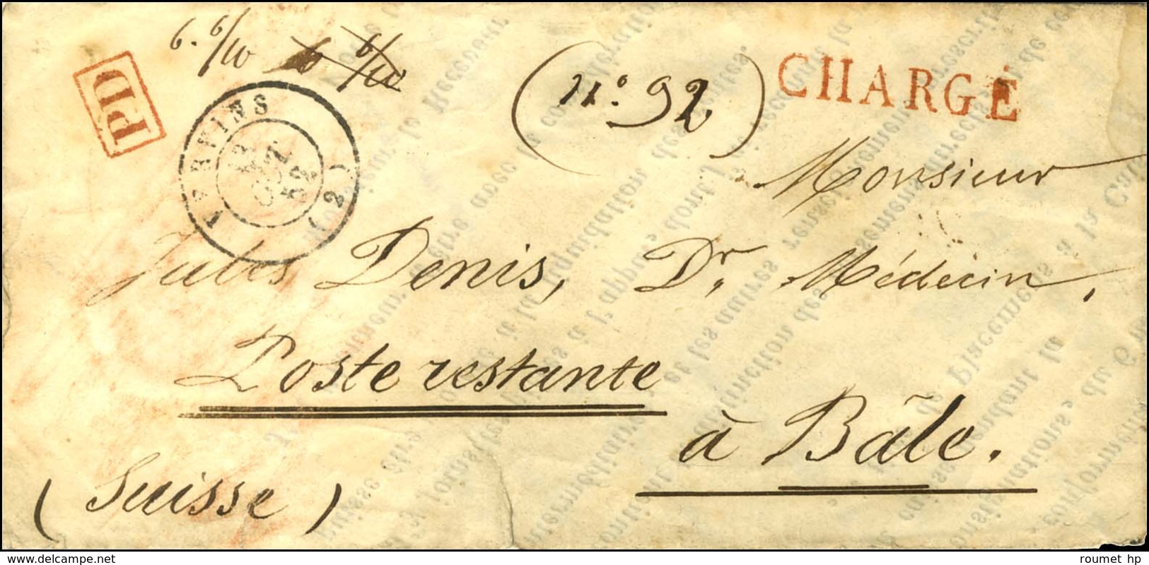 Càd T 15 VERVINS (2) Griffe CHARGÉ Rouge + PD Rouge Sur Lettre Pour Bâle (Suisse). 1852. Rare Lettre Chargée Pour L'étra - Other & Unclassified