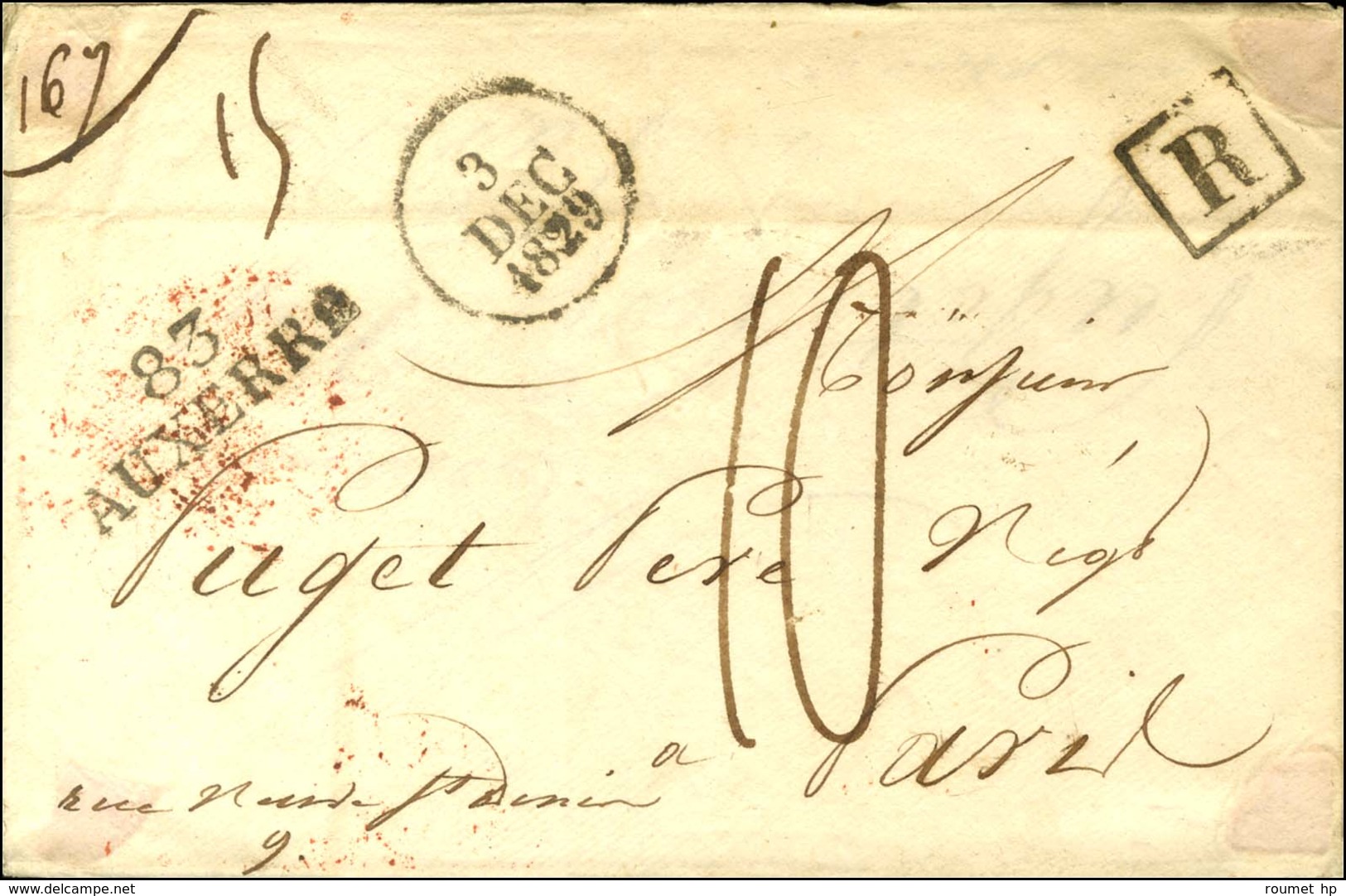 83 / AUXERRE Sur Lettre Recommandée Pour Paris. Au Recto, R Noir Et Taxe 10. 1829. - SUP. - R. - Other & Unclassified