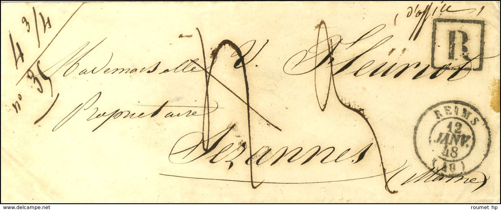 Càd T 15 REIMS (49) Sur Lettre Recommandée Pour Sézannes. Au Recto, R Noir Et Taxe 4 Rectifiée 3. 1848. - SUP. - Other & Unclassified