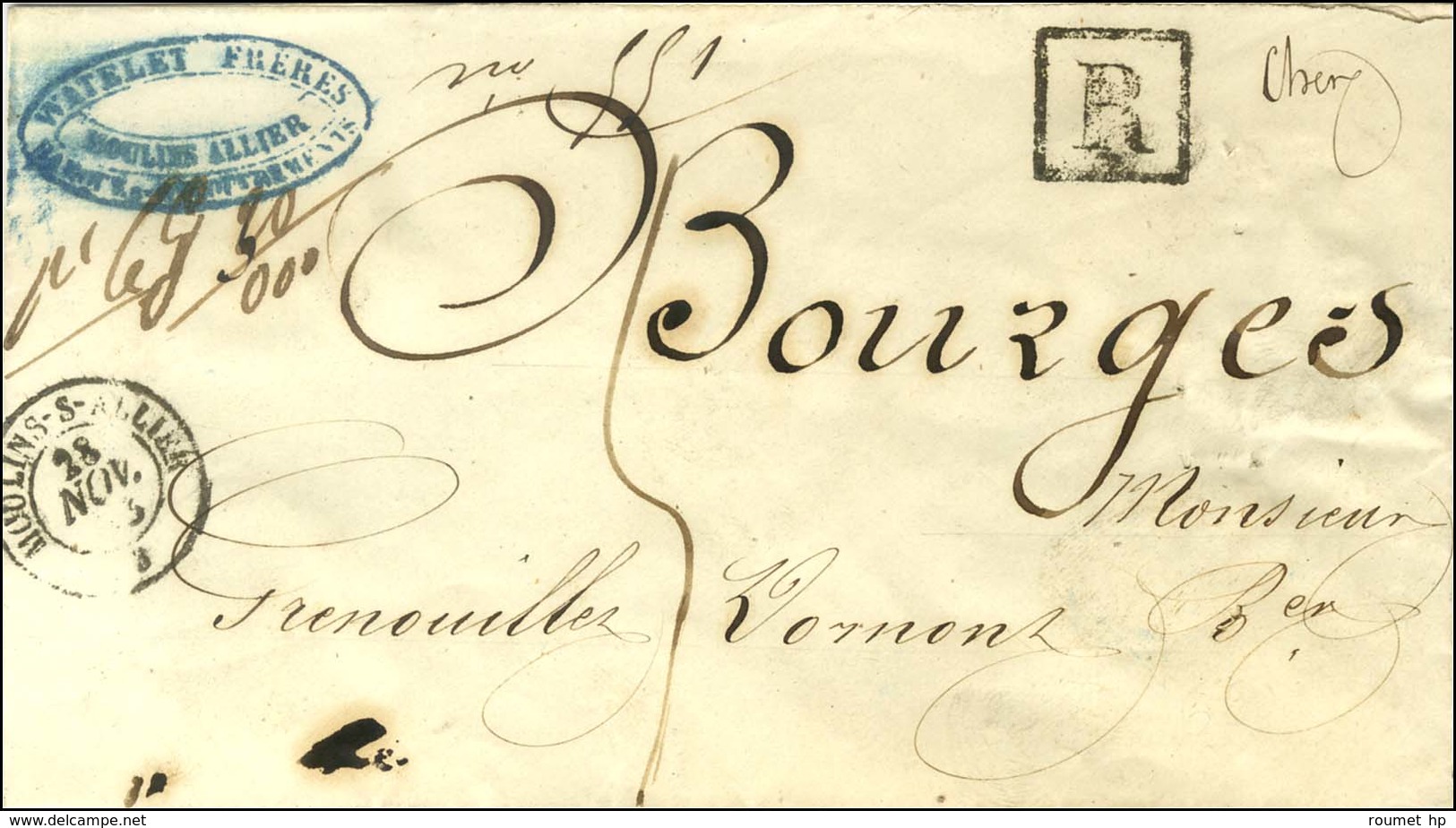 Càd T 15 MOULINS-S-ALLIER 3 Sur Lettre Recommandée Pour Bourges. Au Recto, R Noir Et Taxe 5. 1853. - TB / SUP. - Andere & Zonder Classificatie