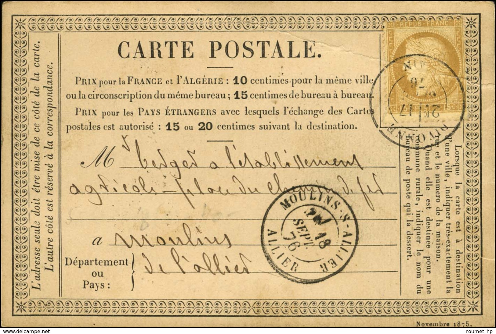 Càd T 18 DIVONNE / 1 / N° 55 (pli) Sur Carte Pour Moulins. 1876. - TB. - Other & Unclassified