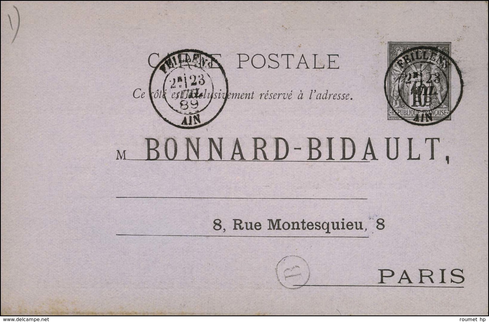 Càd T 18 FEUILLENS / AIN Sur Entier 10c. 1889. - SUP. - Autres & Non Classés