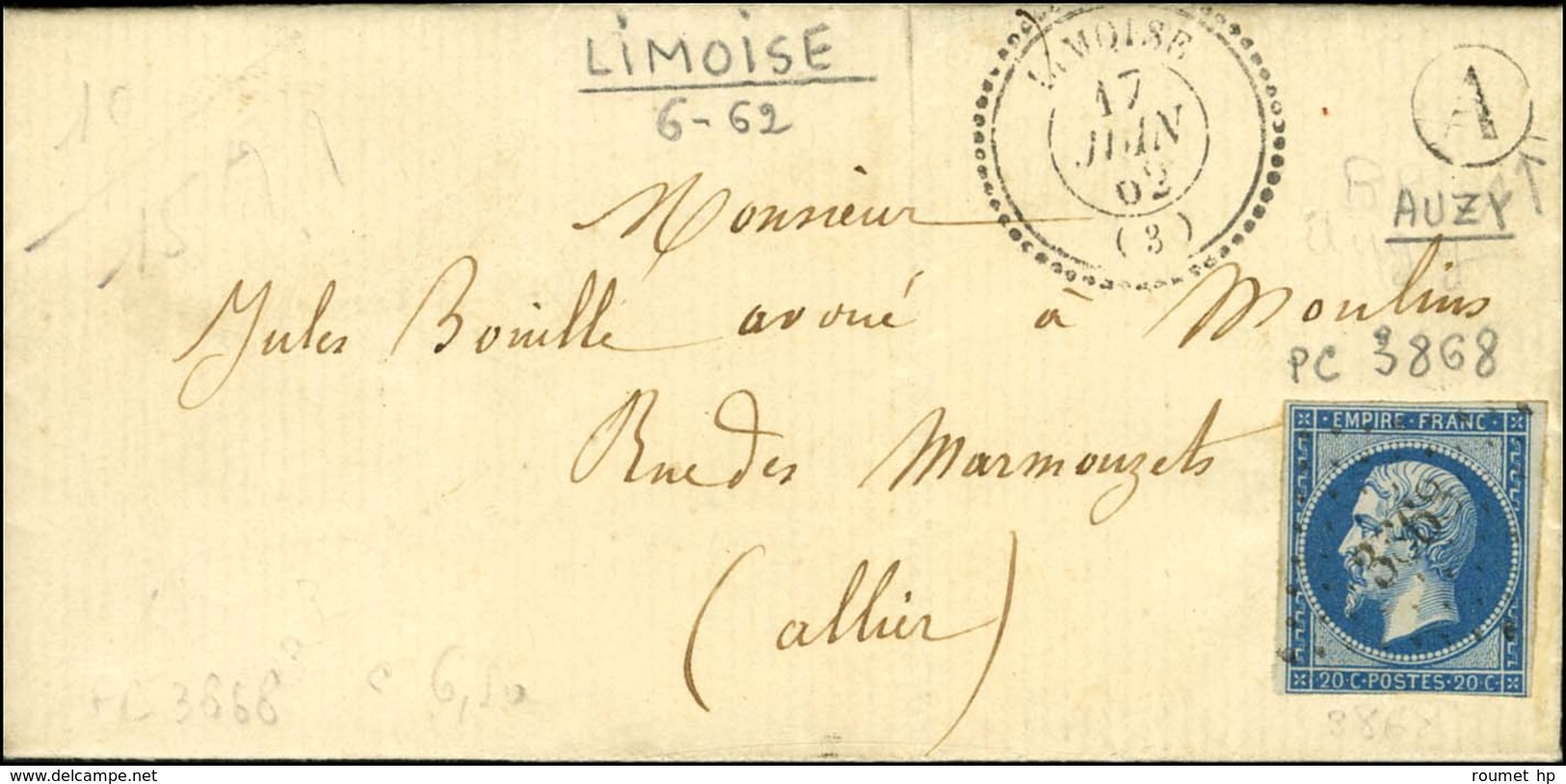 PC 3868 / N° 14 (filet Inférieur Effleuré) Càd T 22 LIMOISE (3) B. RUR. A '' Auzy ''. 1862. - TB / SUP. - R. - Other & Unclassified