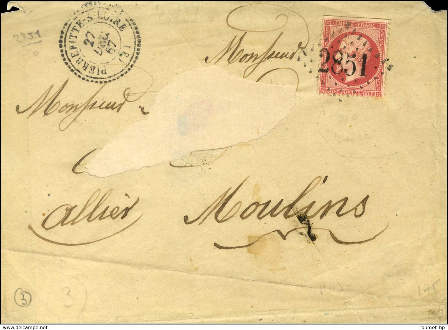 GC 2851 / N° 24 Càd T 22 PIERREFITTE-S-LOIRE (3) Sur Lettre (adresse Découpée) Trois Ports Pour Moulins. 1867. - TB. - Autres & Non Classés