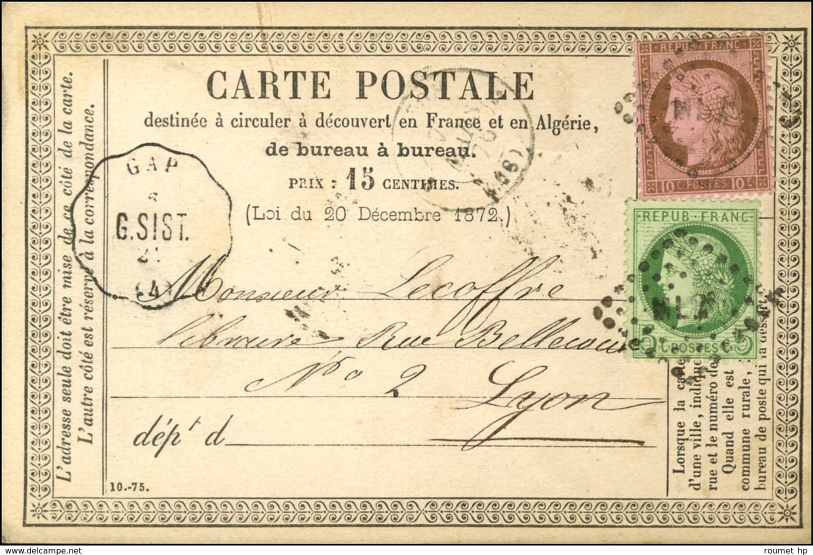 Losange ML2ème / N° 53 + 54 Conv. Stat. GAP / G. SIST (4) Sur Carte Pour Lyon. 1876. - TB / SUP. - Autres & Non Classés