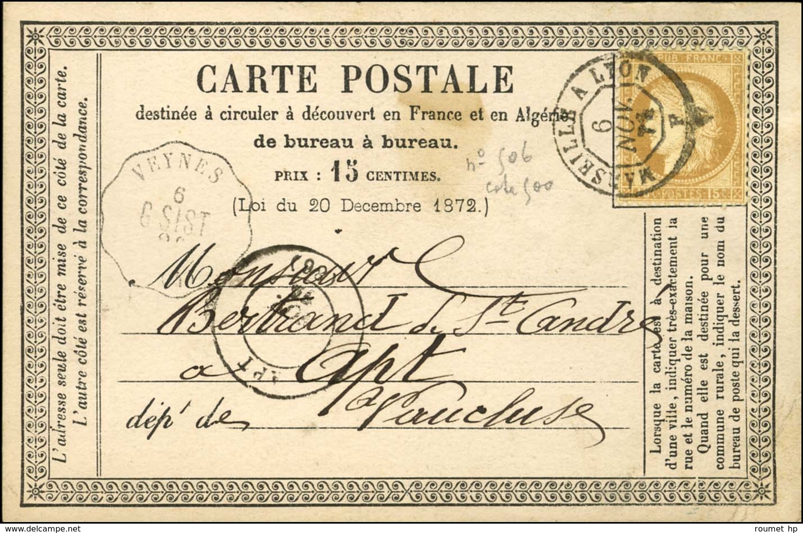 Càd MARSEILLE A LYON / N° 55 Conv. Stat. VEYNES / G.SIST. (4) Sur Carte Pour Apt. 1876. - TB / SUP. - Other & Unclassified