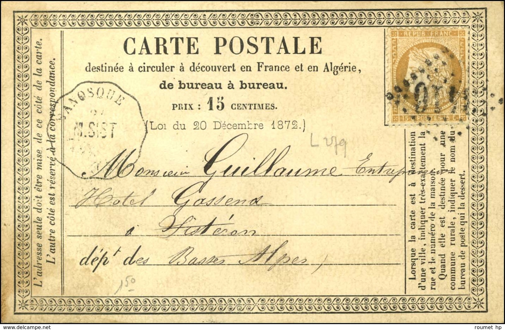 GC 3416 / N° 59 Conv. Stat. MANOSQUE / M.SISTE (5)sur CP Pour Sisteron. 1874. - TB. - Other & Unclassified