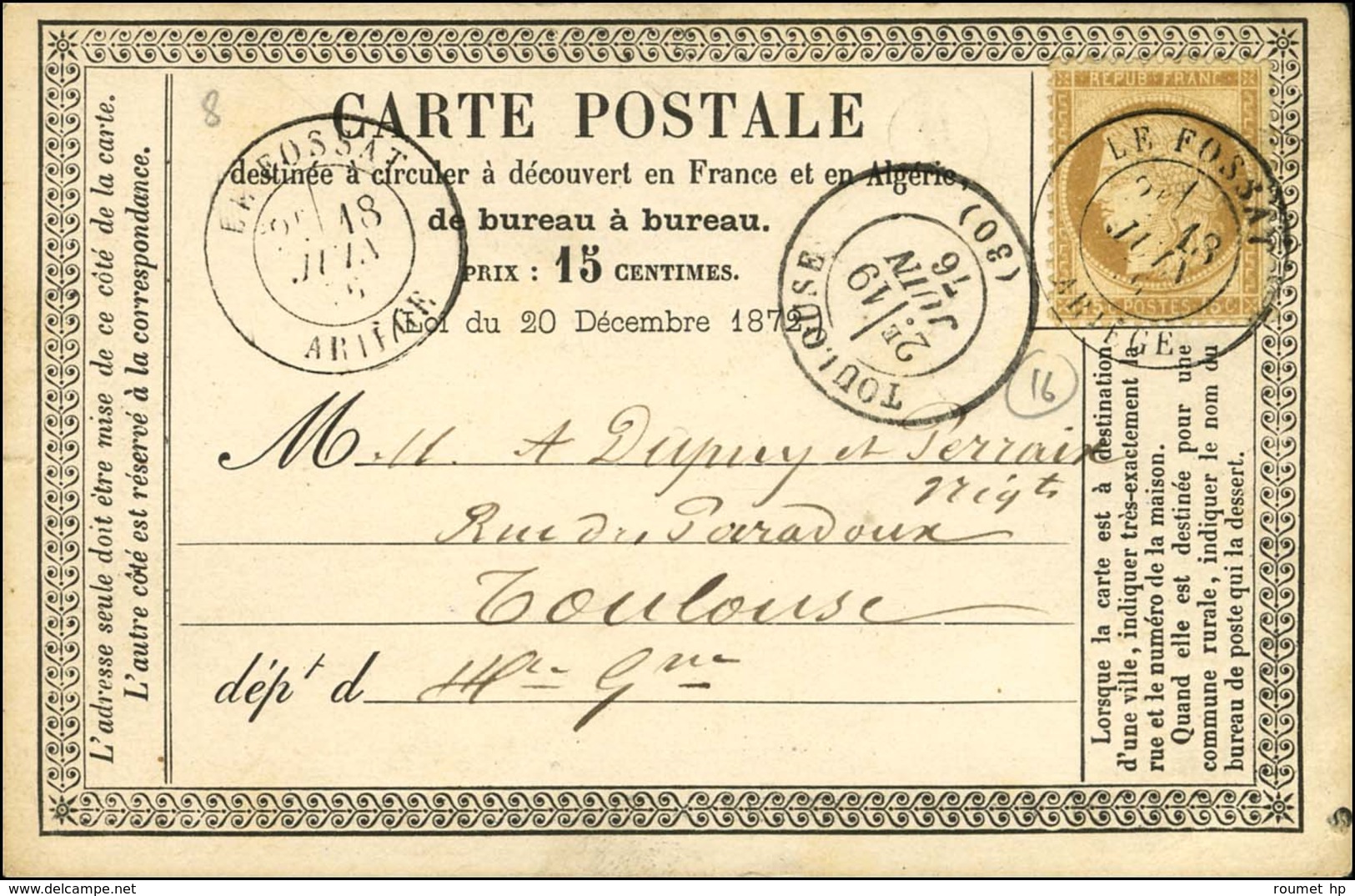 Càd T 18 LE FOSSAT / ARIEGE / N° 55 Sur Carte Pour Toulouse. 1876. - SUP. - Autres & Non Classés